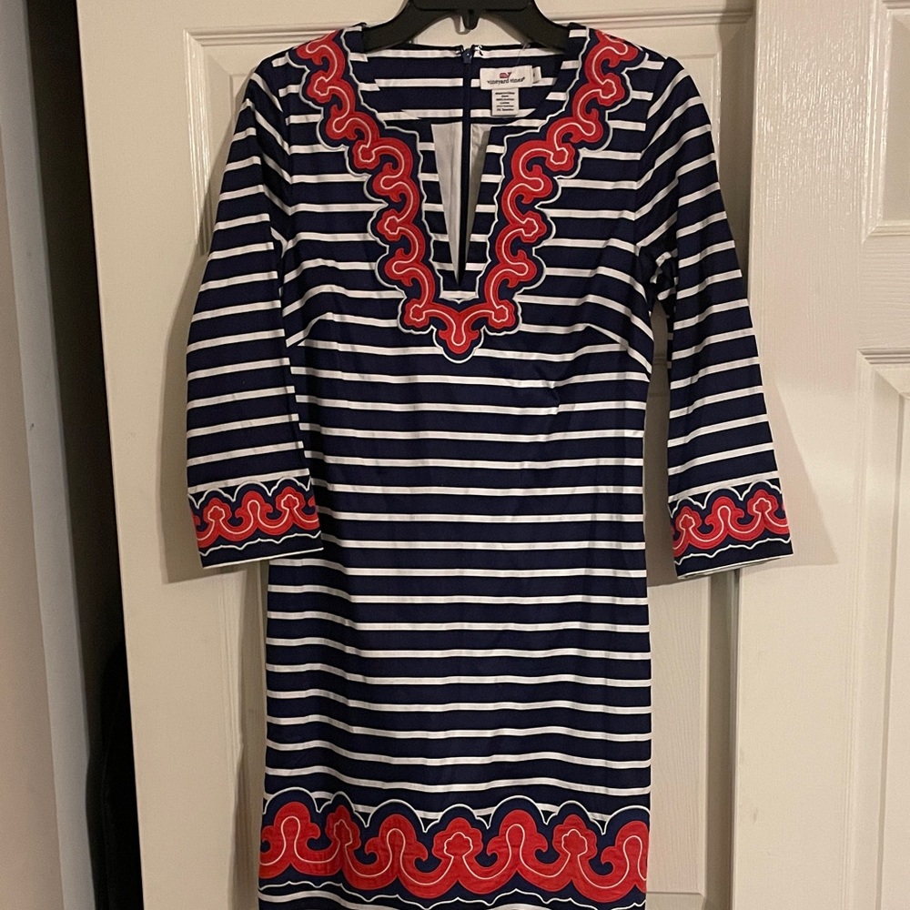 Vineyard Vines Striped Dress with orangish red Embroidery
